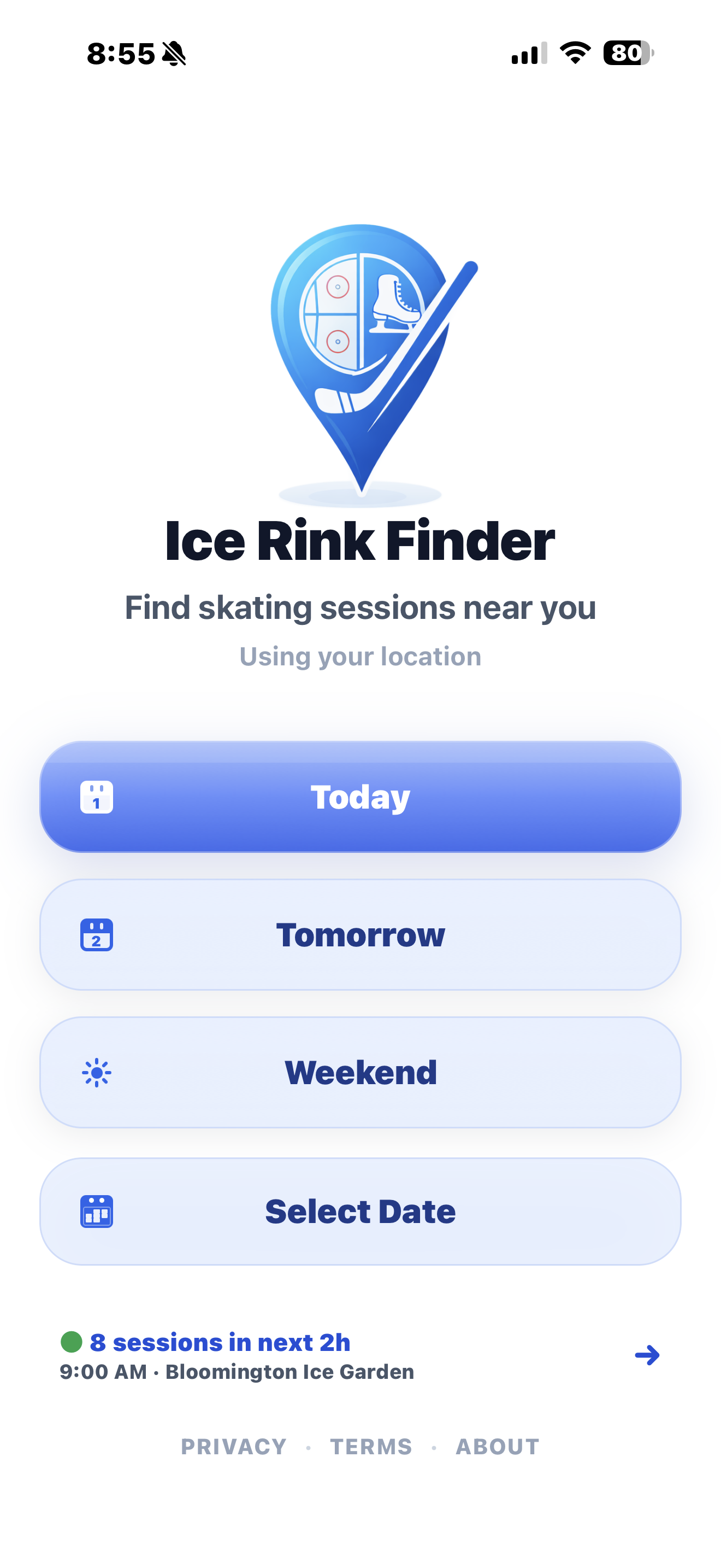 Ice Rink Finder home screen on iPhone — Today, Tomorrow, Weekend, Select Date buttons