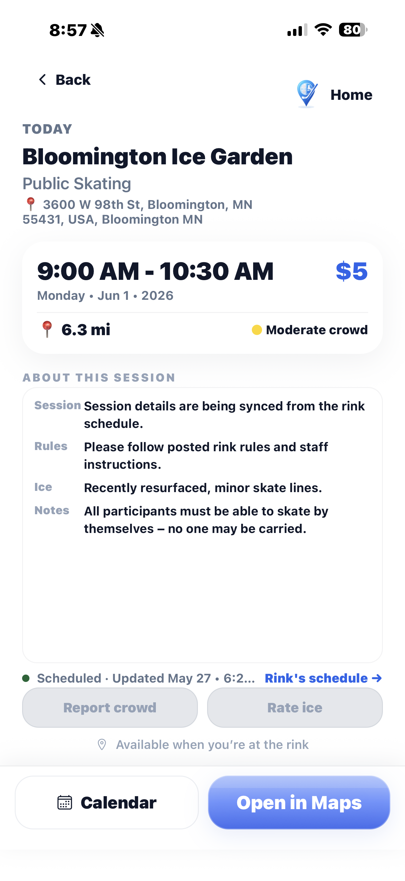 Ice Rink Finder session detail screen on iPhone — Bloomington Ice Garden, public skating, with address and crowd indicator